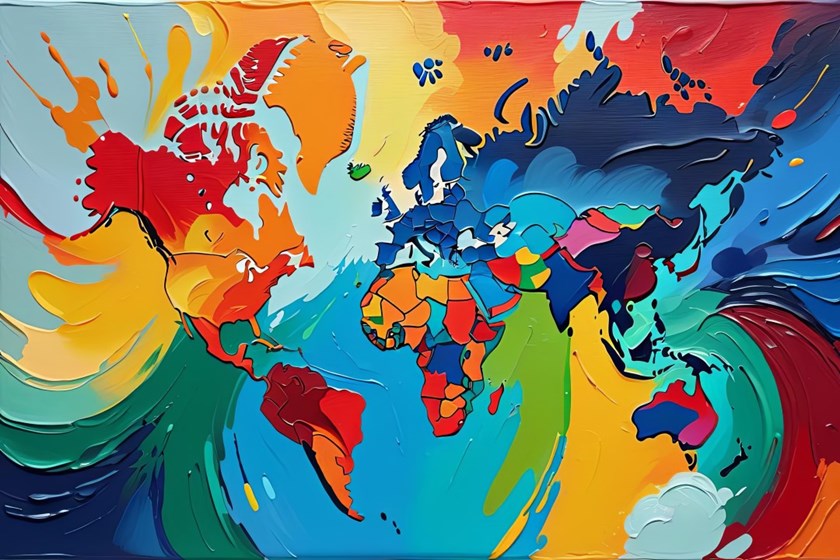 Konceptbild, internationella projekt. Färgglad världskarta.