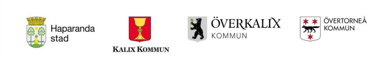 Kommunvapen för kommunerna bakom "Hej Vuxen": Haparanda stad, Kalix kommun, Överkalix kommun och Övertorneå kommun.