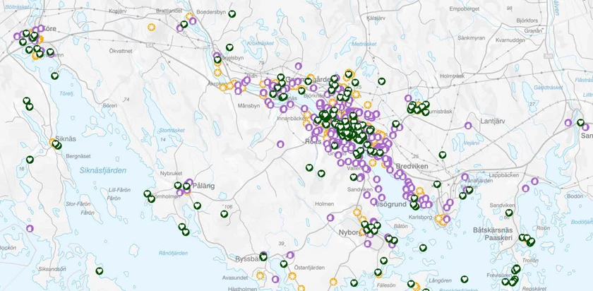 Utsnitt ur den digitala karta där du kan se och läsa om alla förslag. Hela kartan ser du i projektportalen "Resultat av tidig medborgardialog 2021".