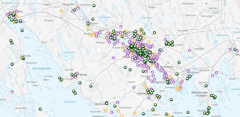 Utsnitt ur den digitala karta där du kan se och läsa om alla förslag. Hela kartan ser du i projektportalen "Resultat av tidig medborgardialog 2021".