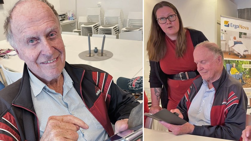 Jan-Erik Karlsson gick den digitala utbildningen i våras. Han förklarar att många i hans ålder upplever en rädsla för det digitala samhället. I bilden till höger ses han med handledaren Sanna Wallma.