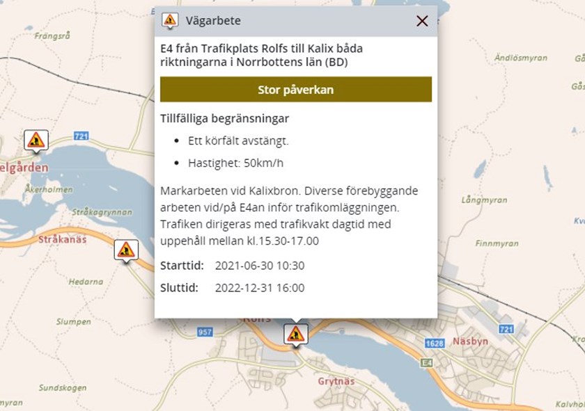 Skärmdump från Trafikverkets hemsida.