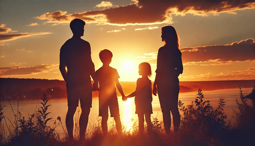 Bilden föreställande en familj i motljus är ai-genererad.