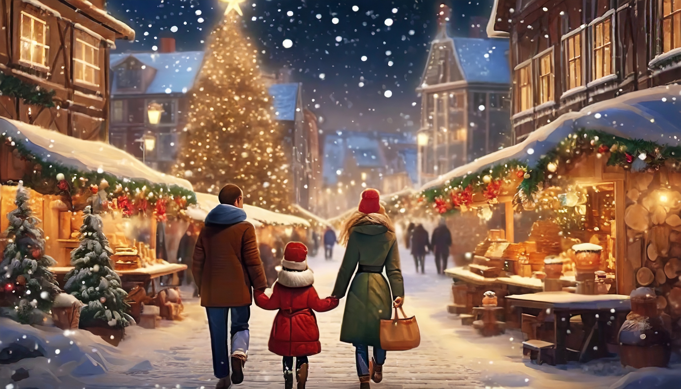 En familj går hand i hand på en julmarknad i en mysig liten stad.