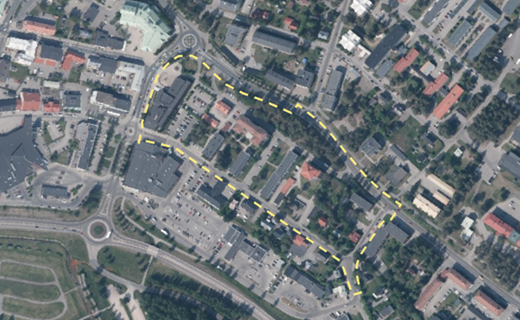 Översiktsbild, planområdet inom gulstreckad linje