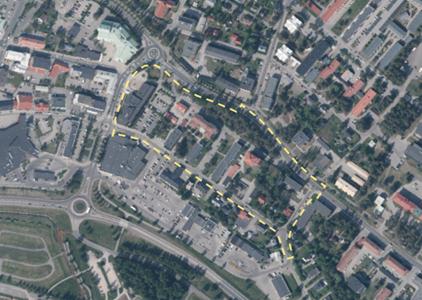 Översiktsbild, planområdet inom gulstreckad linje,