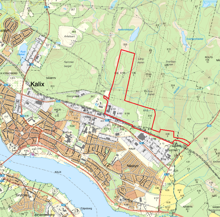 Översiktskarta, planområdet ungefärligt rödmarkerat