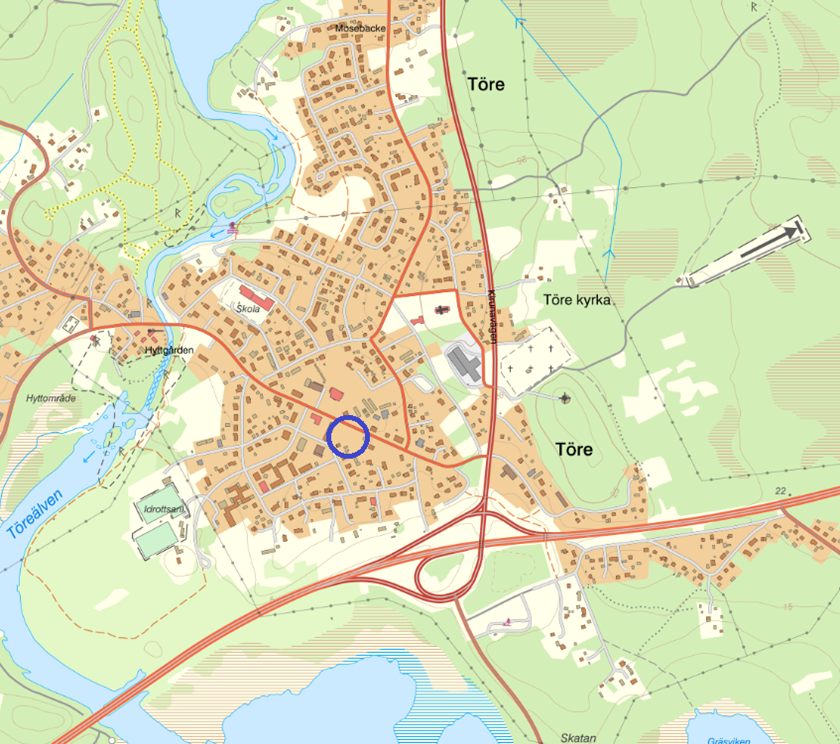 Översiktskarta, aktuellt område inringat i blått