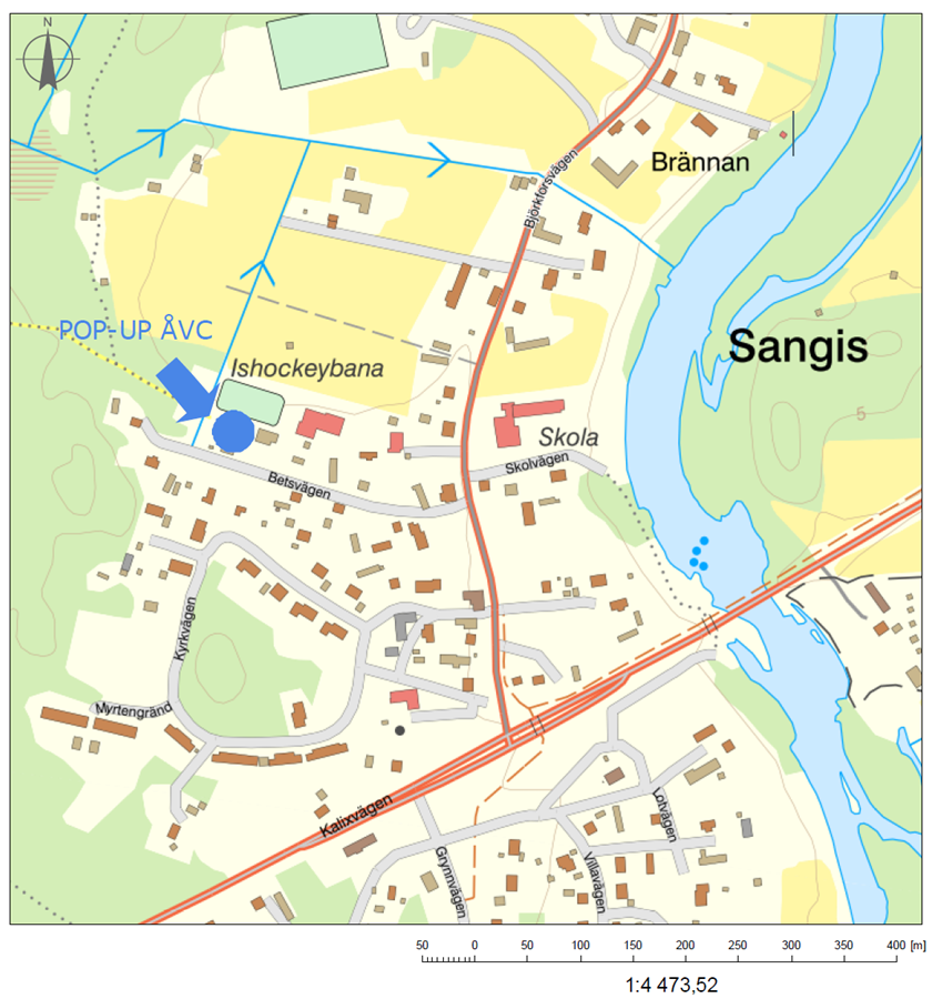 Karta över Sangis med Pop-up återvinningscentralen utmärkt.
