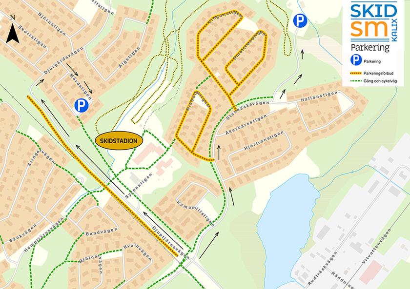 Karta över parkeringsplatser samt gång- och cykelvägar i anslutning till Kalix Skidstadion.