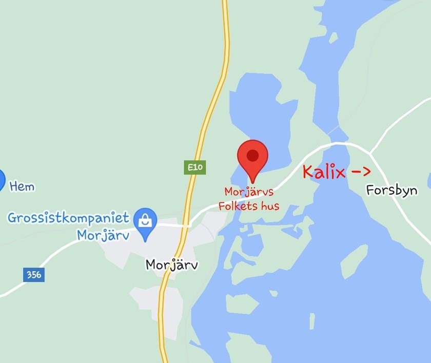 Karta över Morjärv med Folkets Hus utmärkt.