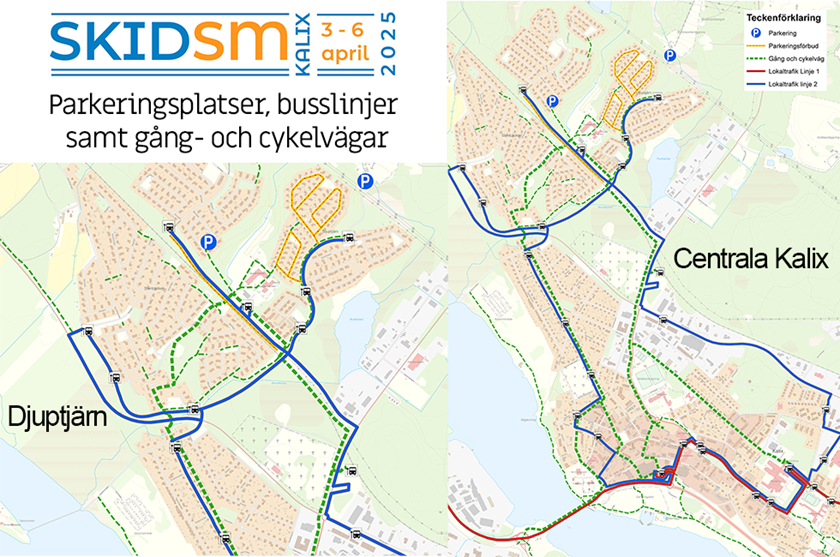 Karta över parkeringsplatser, busslinjer samt gång- och cykelvägar för Skid-SM 2025 i Kalix.