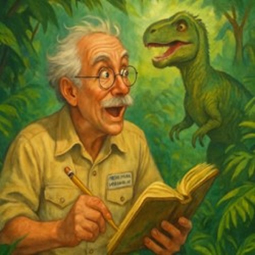 AI-bild på professor som studerar dinosaurier i en djungel.