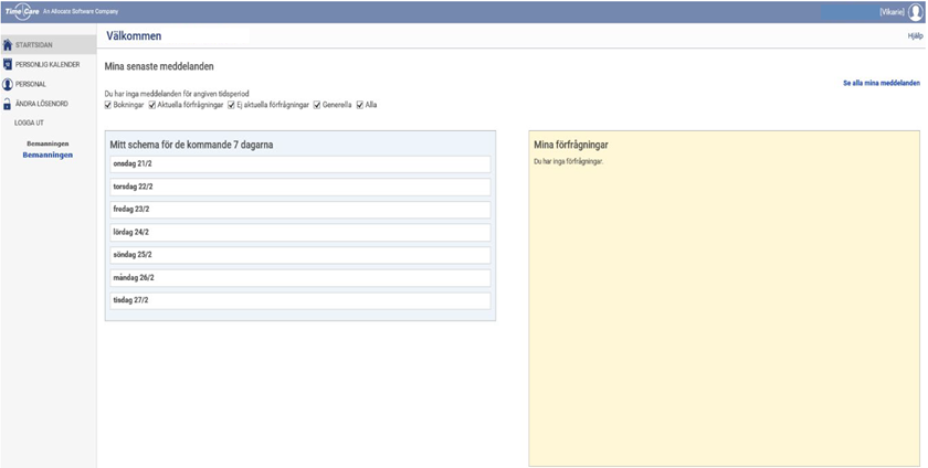 Bild föreställande starskärmen i Time Care.