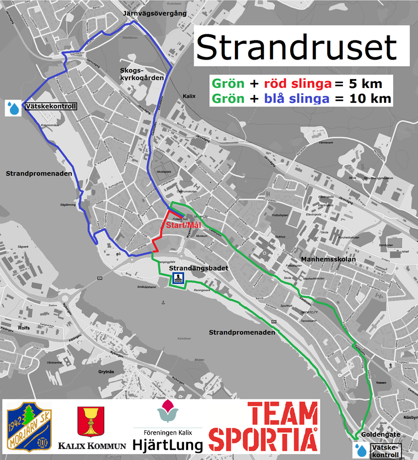 Karta som visar Strandrusets sträckning längs Standpromenaden och i centrala Kalix.