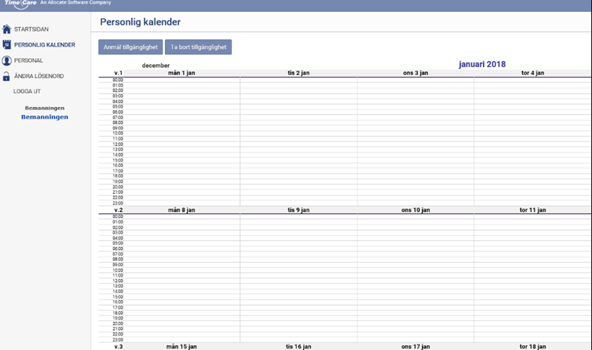 Personlig kalender i Time Care Pool Webb.